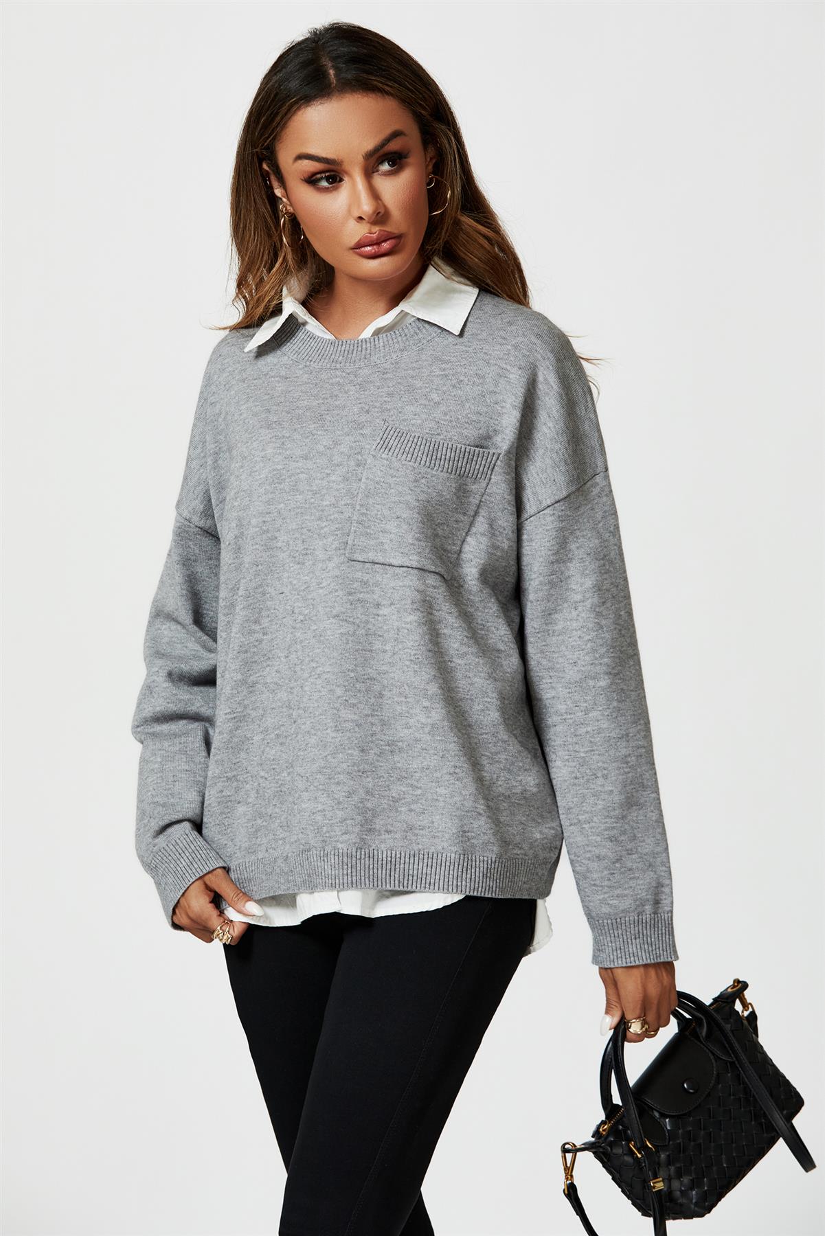 Pocket Detail Knitted Jumper In Grey - AXON