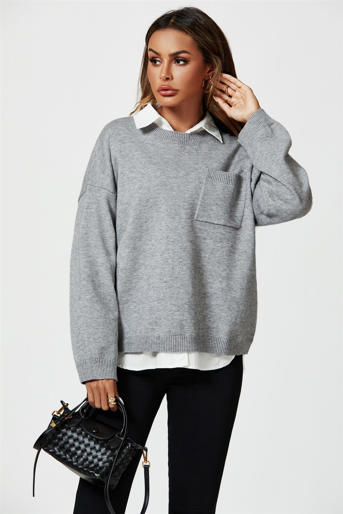 Pocket Detail Knitted Jumper In Grey - AXON
