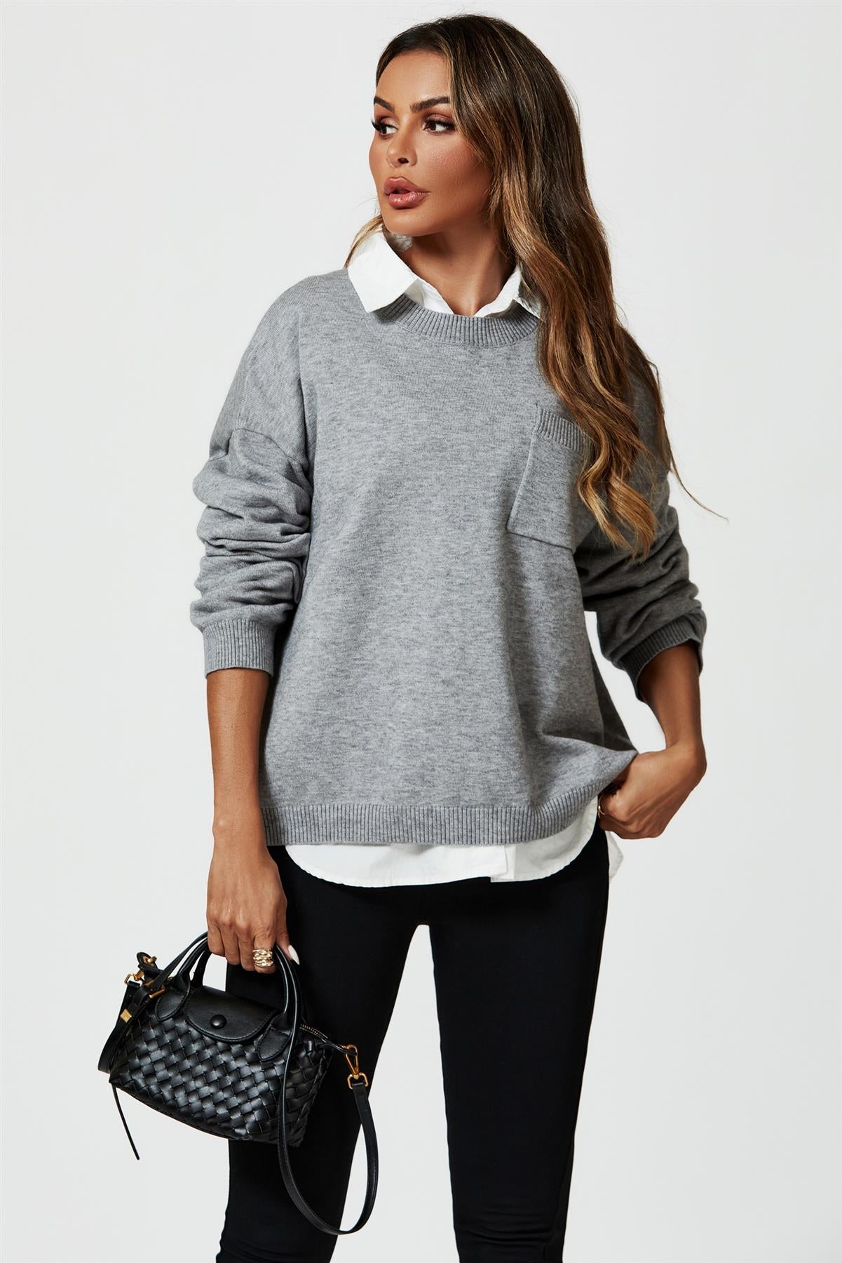 Pocket Detail Knitted Jumper In Grey - AXON
