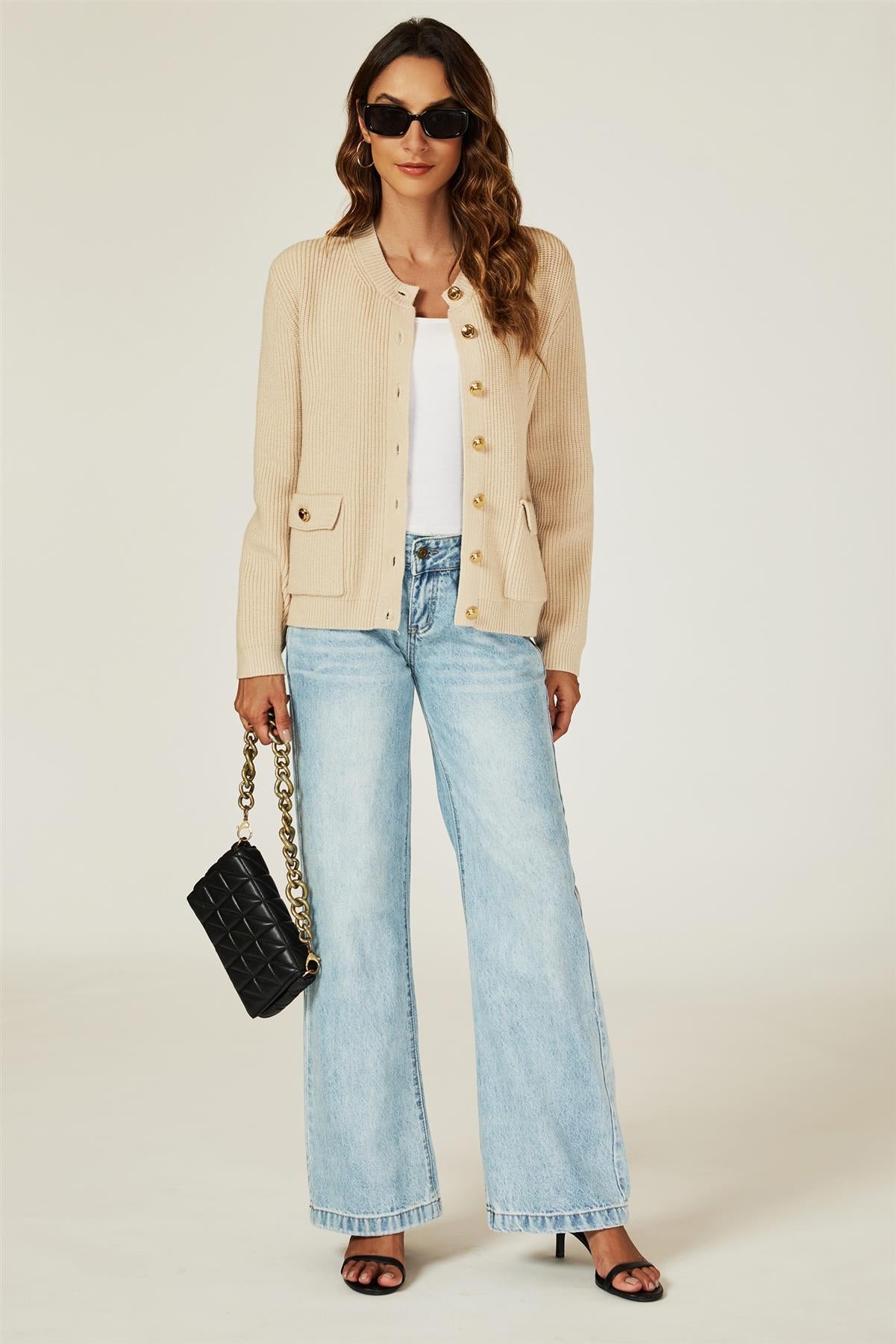 Pocket Details Knitted Cardigan In Camel - AXON