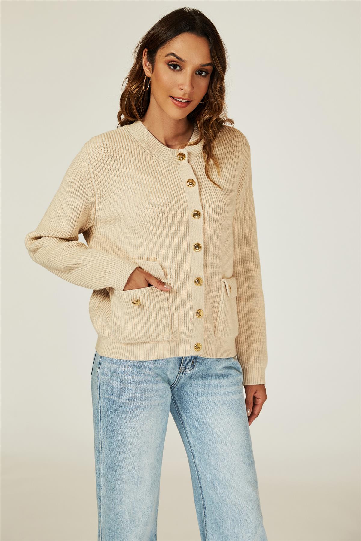 Pocket Details Knitted Cardigan In Camel - AXON
