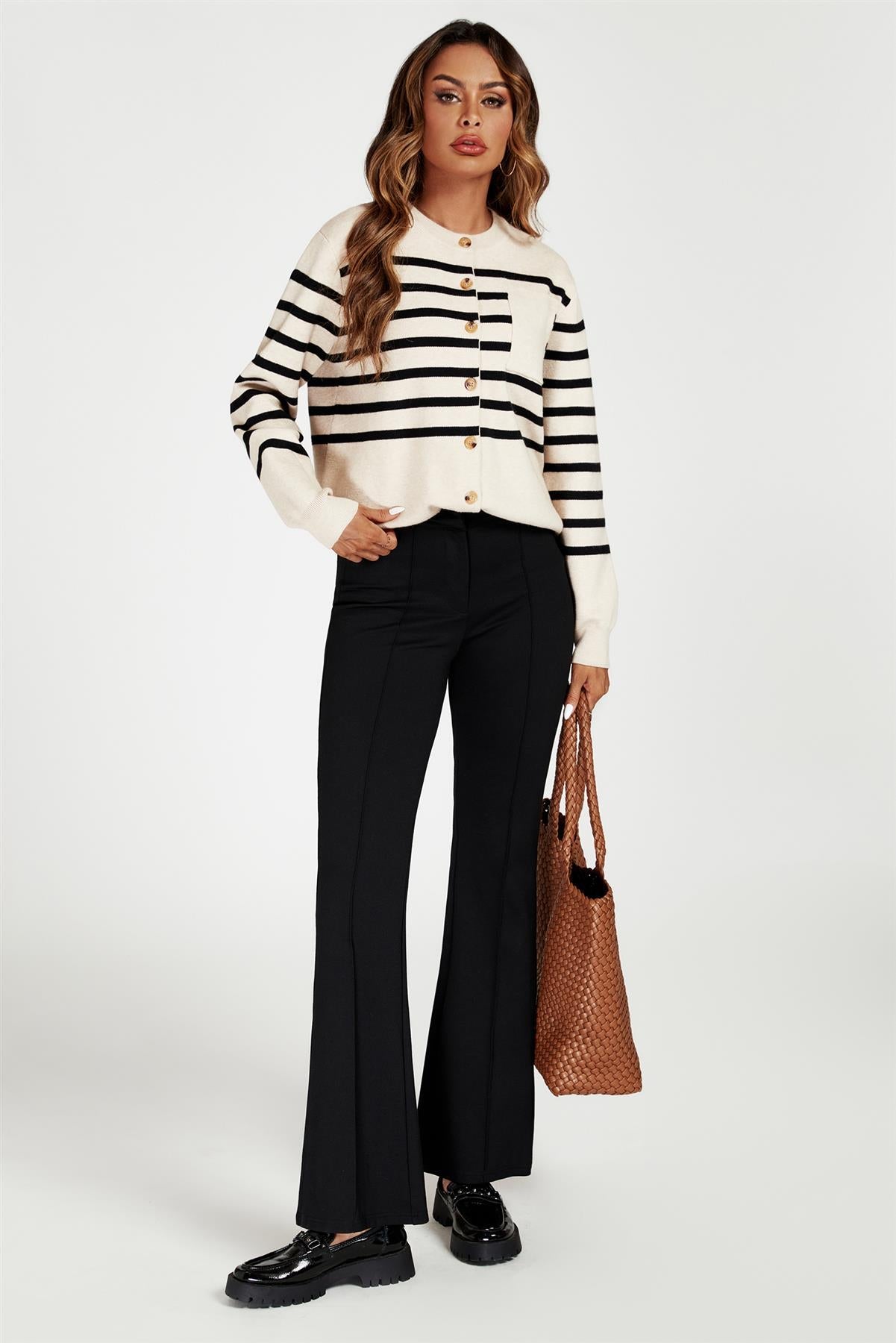 Pocket Stripe Knitted Cardigan In Cream - AXON