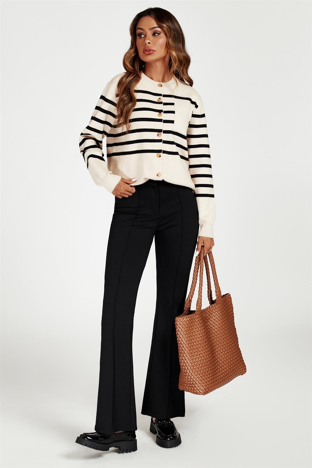 Pocket Stripe Knitted Cardigan In Cream - AXON