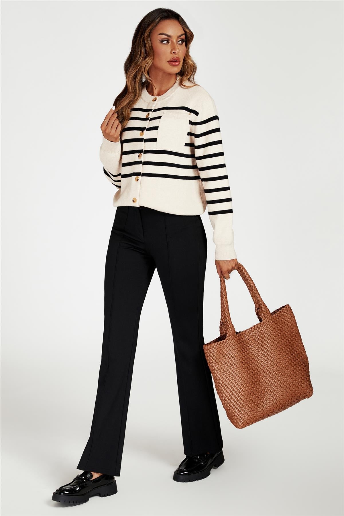 Pocket Stripe Knitted Cardigan In Cream - AXON