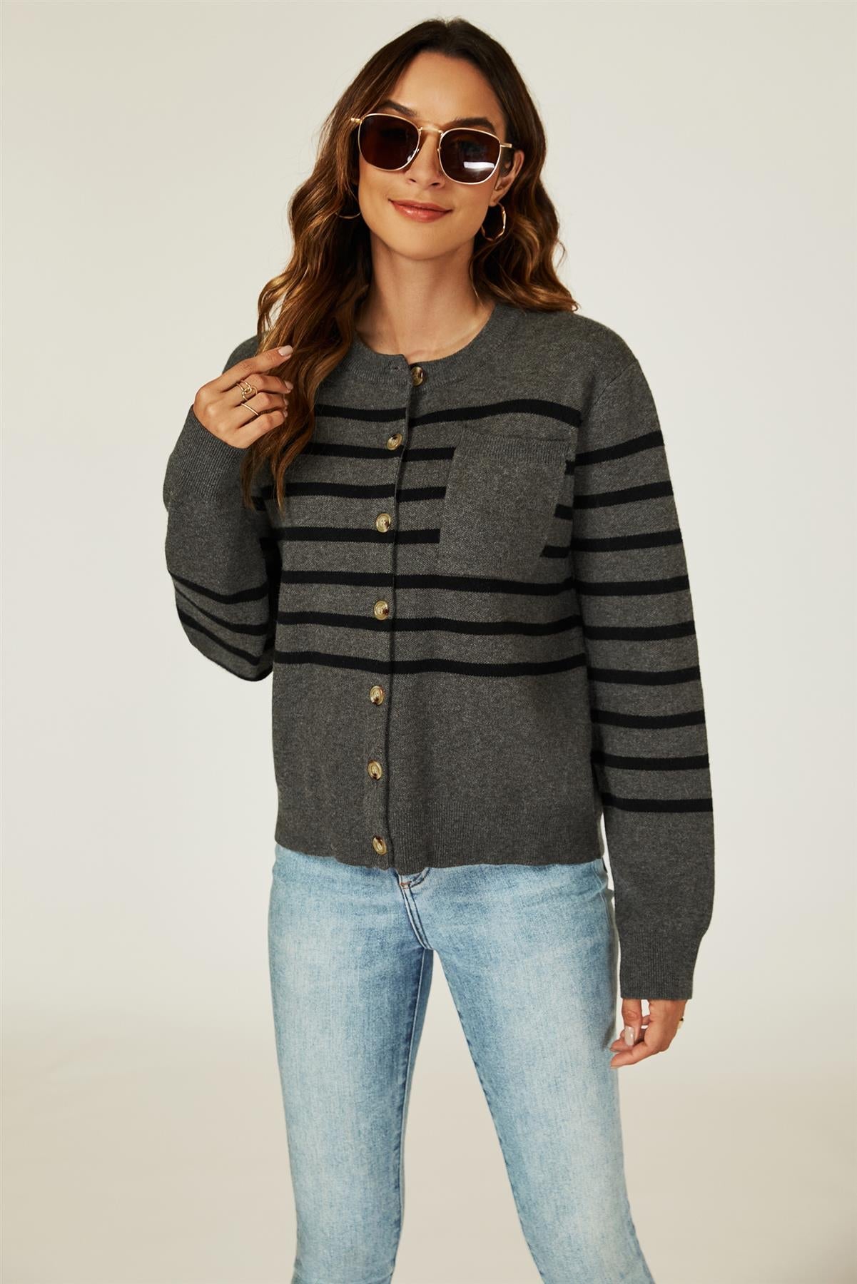 Pocket Stripe Knitted Cardigan In Dark Grey - AXON