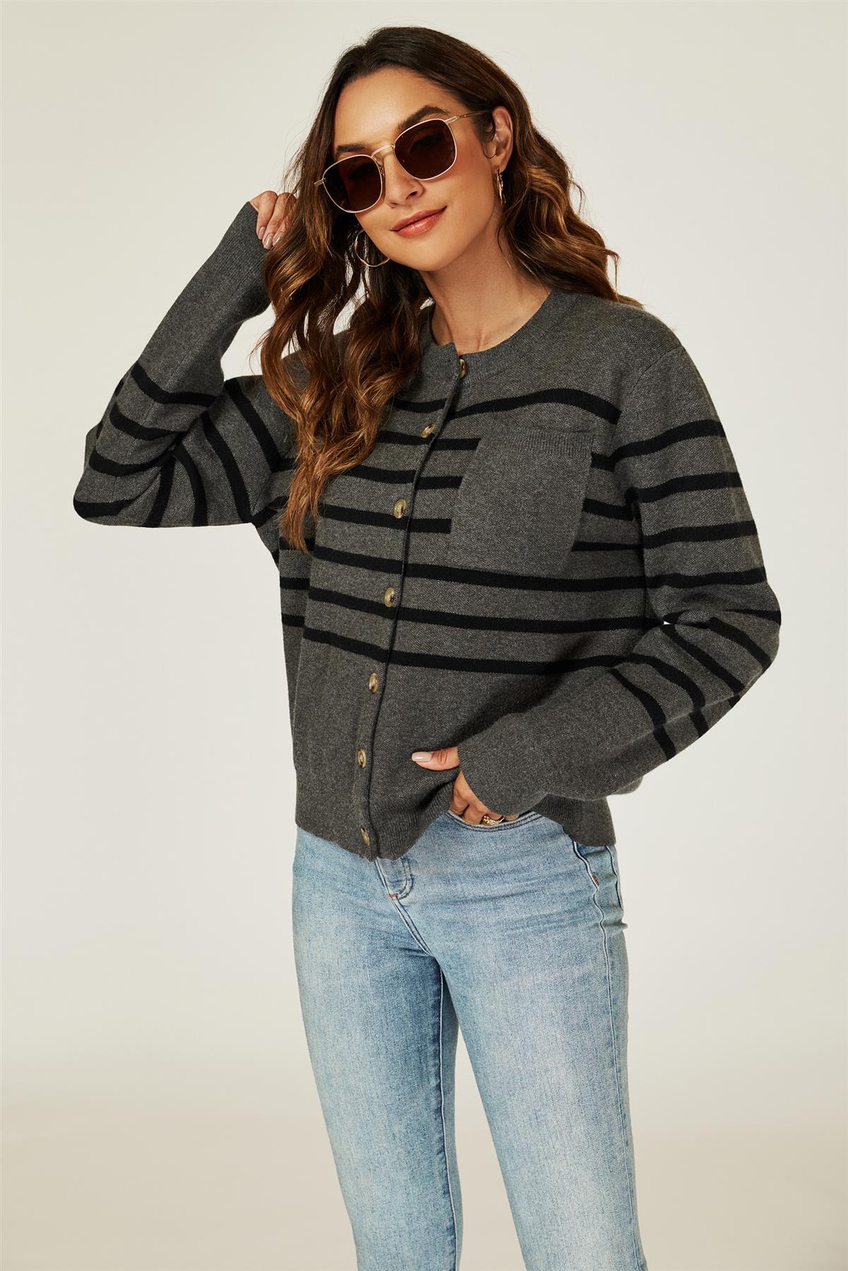Pocket Stripe Knitted Cardigan In Dark Grey - AXON