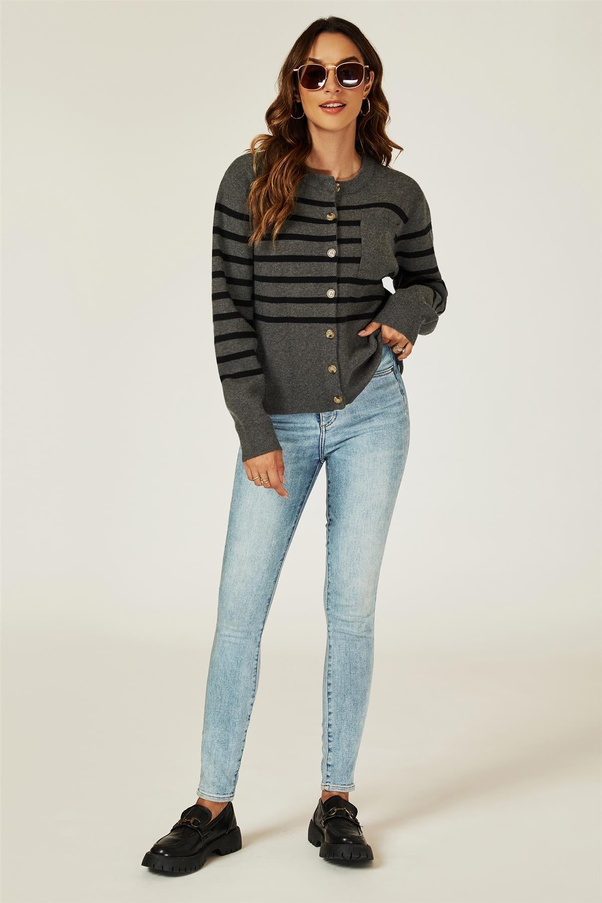 Pocket Stripe Knitted Cardigan In Dark Grey - AXON