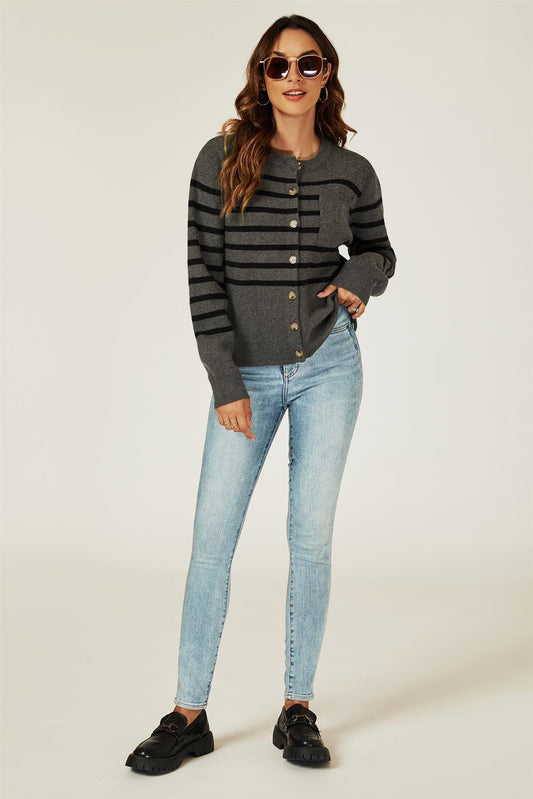 Pocket Stripe Knitted Cardigan In Dark Grey - AXON