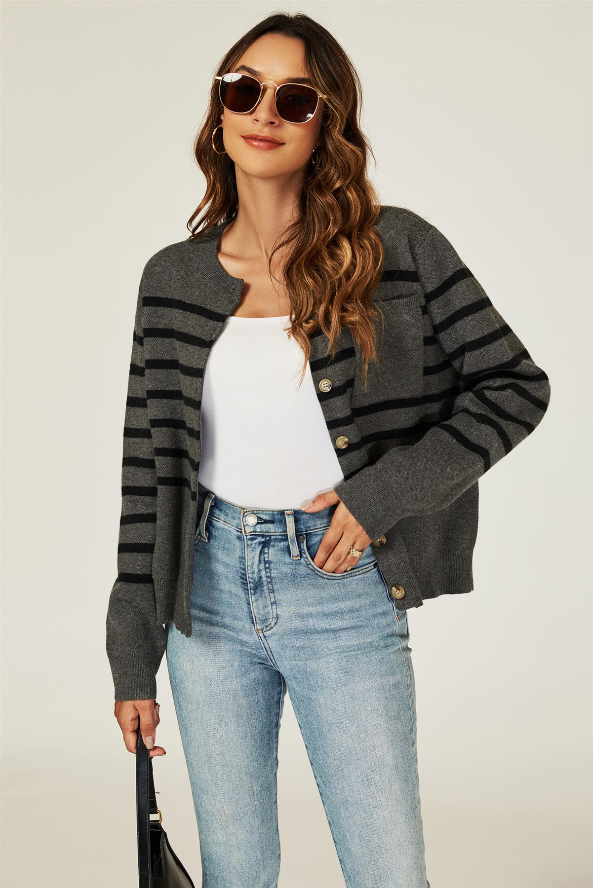 Pocket Stripe Knitted Cardigan In Dark Grey - AXON