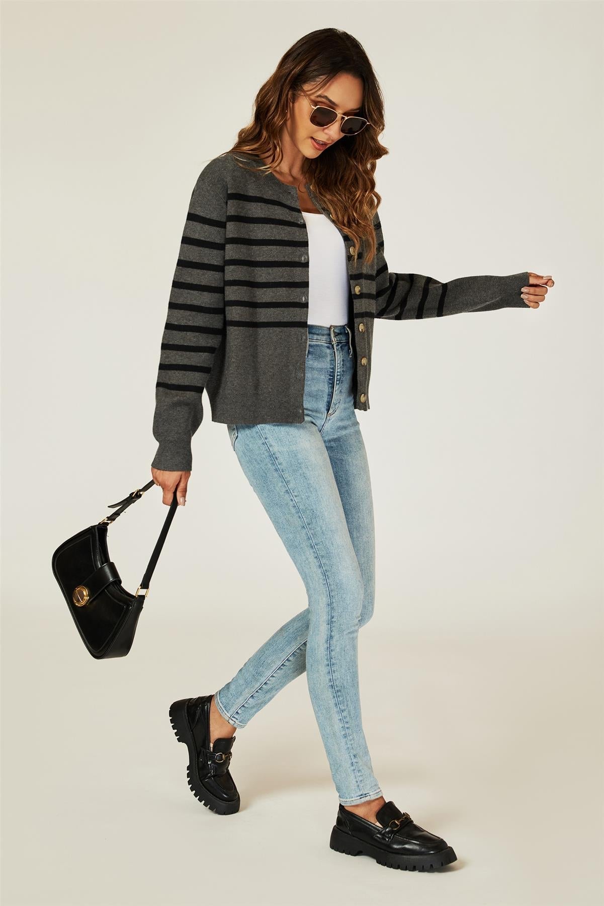 Pocket Stripe Knitted Cardigan In Dark Grey - AXON