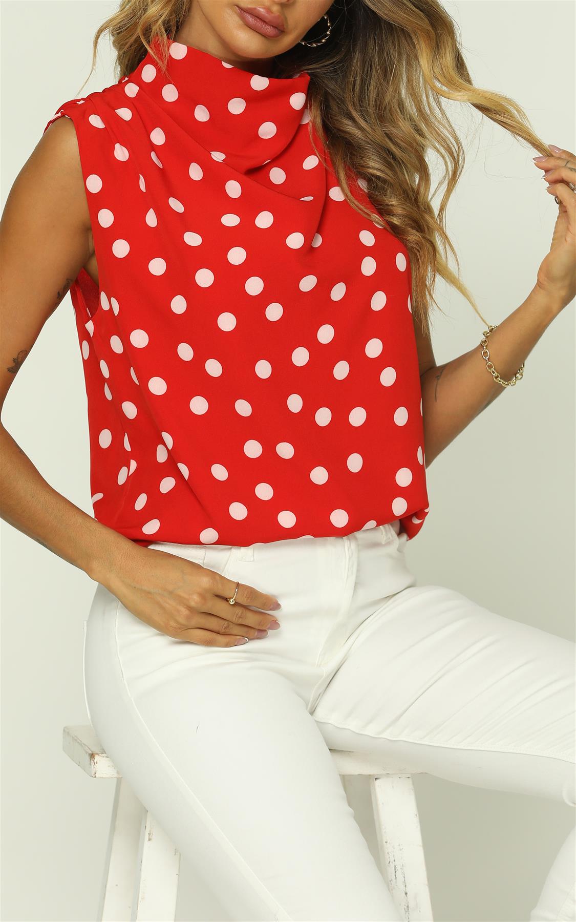 Polka Dot High Neck Sleeveless Blouse In Red - AXON