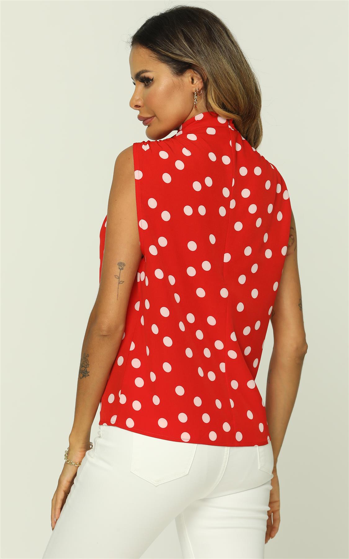 Polka Dot High Neck Sleeveless Blouse In Red - AXON