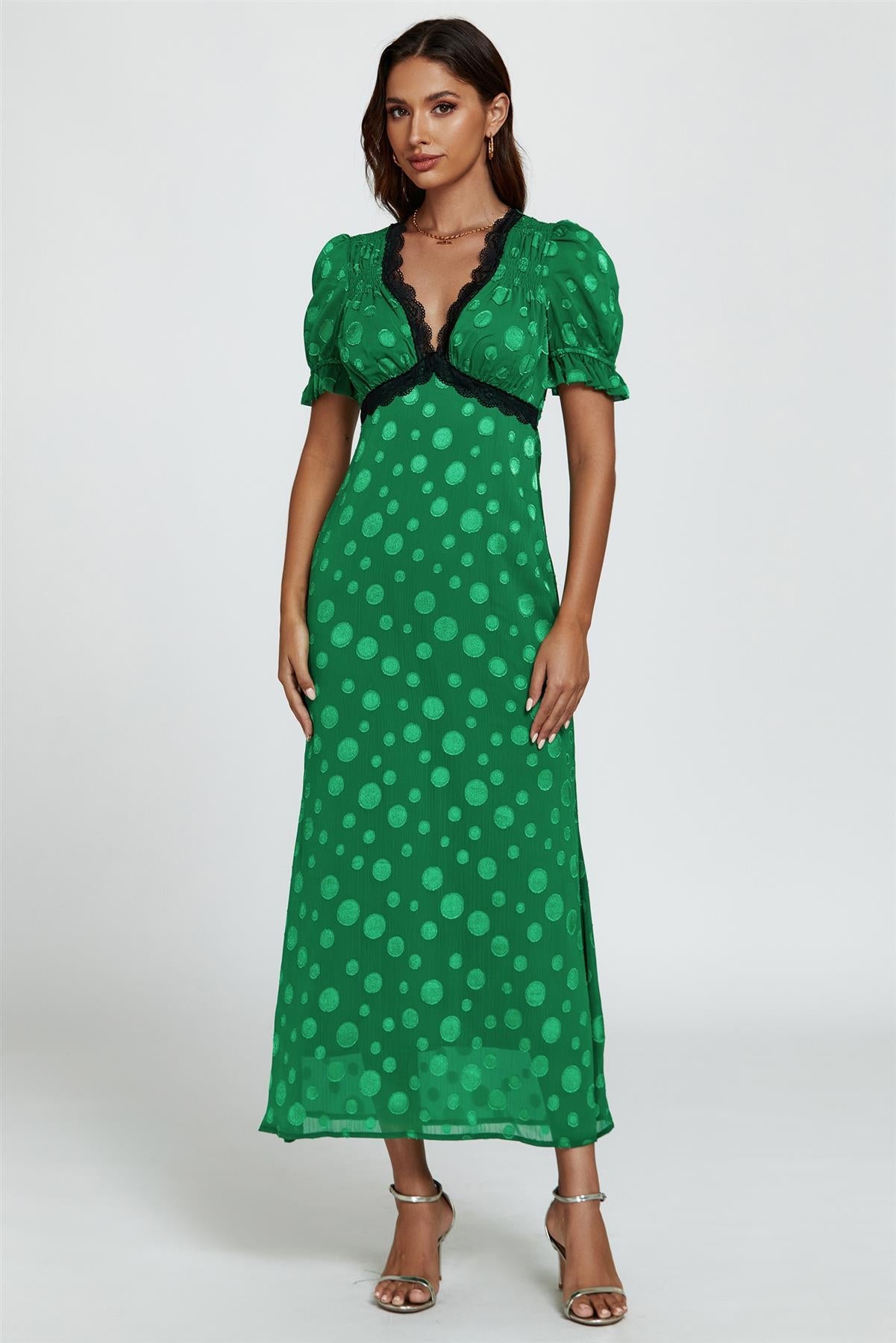 Polka Dot Jacquard Lace Trim Midi Dress In Green - AXON