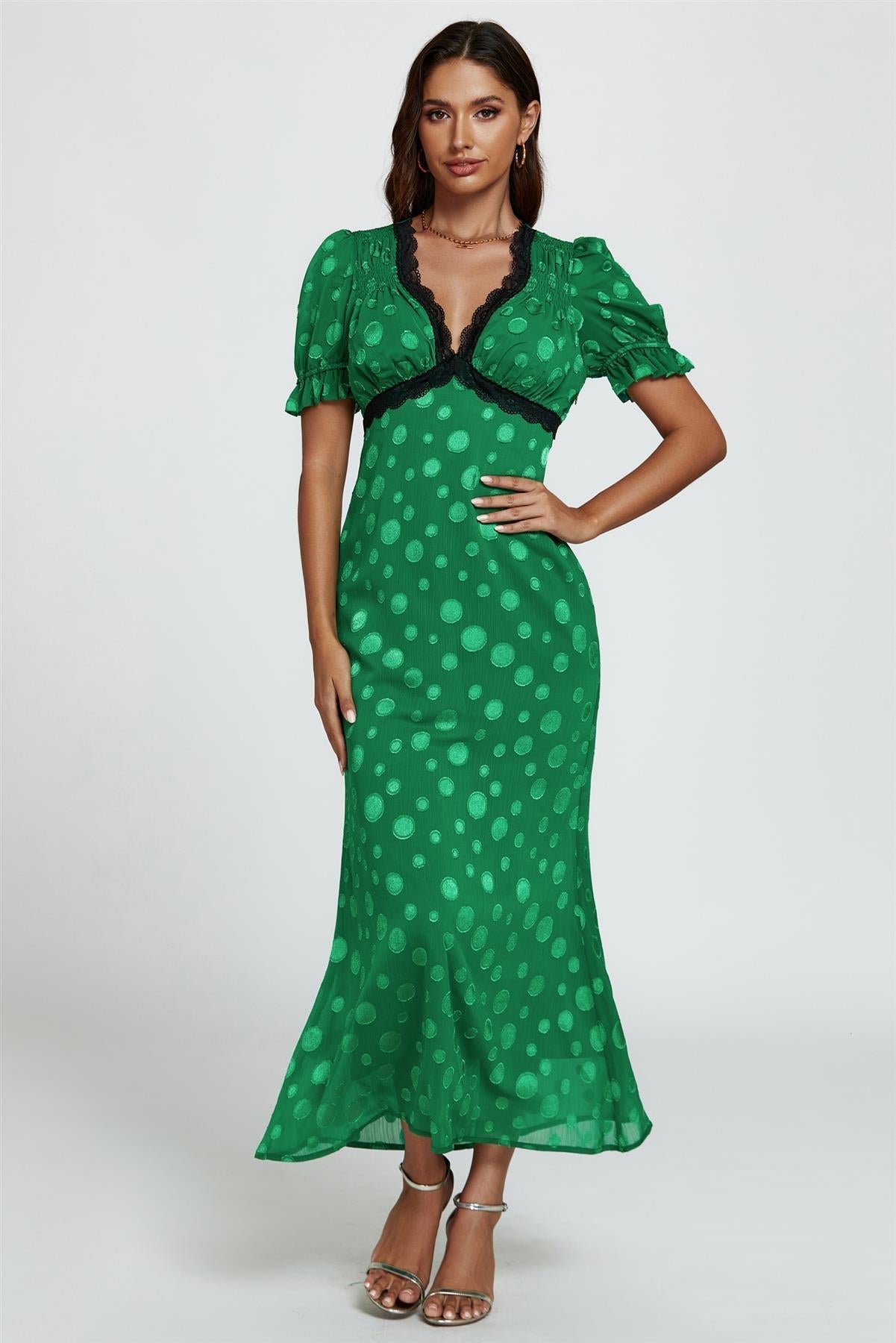 Polka Dot Jacquard Lace Trim Midi Dress In Green - AXON