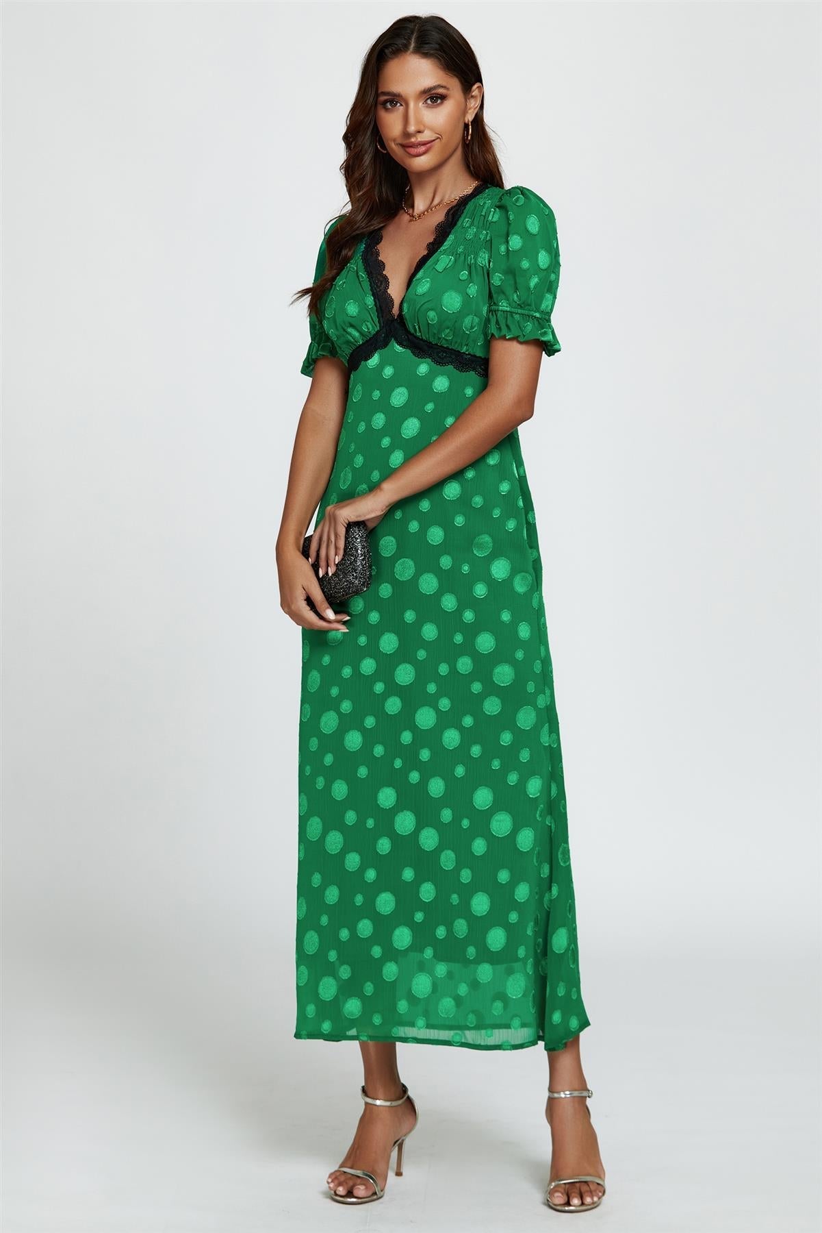 Polka Dot Jacquard Lace Trim Midi Dress In Green - AXON