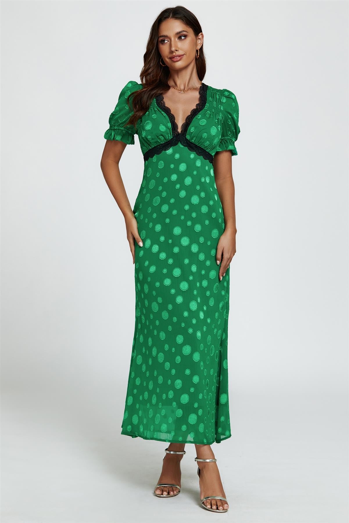Polka Dot Jacquard Lace Trim Midi Dress In Green - AXON