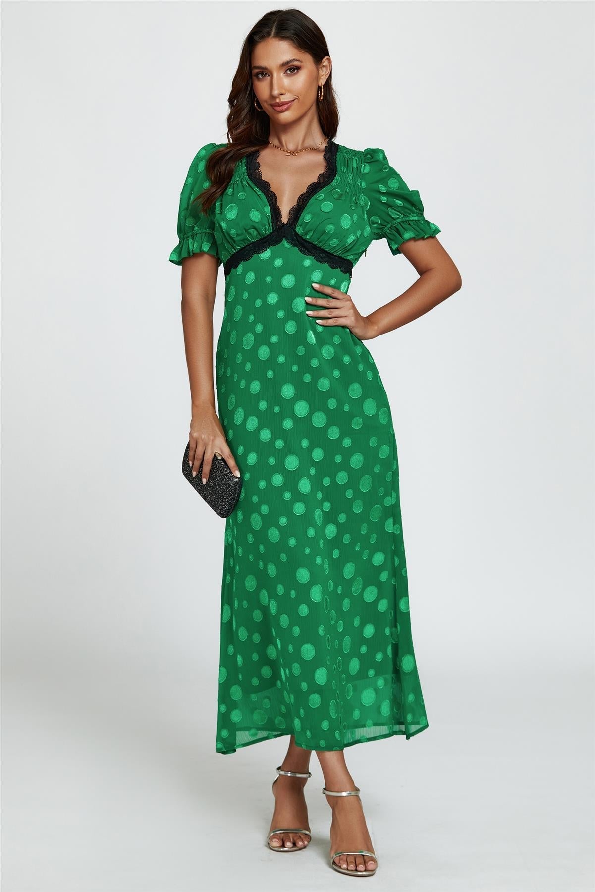 Polka Dot Jacquard Lace Trim Midi Dress In Green - AXON