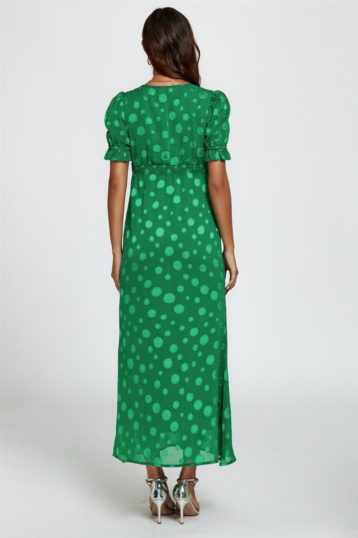 Polka Dot Jacquard Lace Trim Midi Dress In Green - AXON