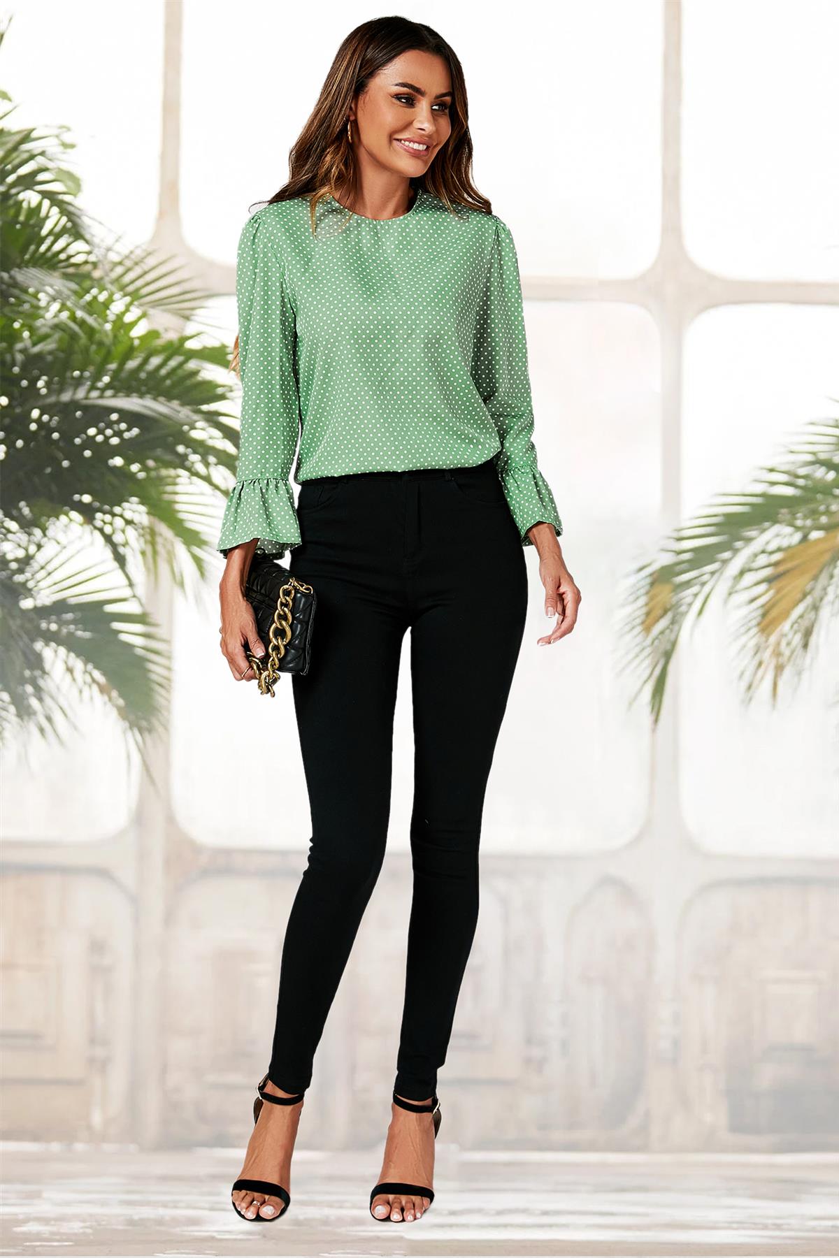 Polka Dot Print Frill Detail Cuff Top In Green - AXON