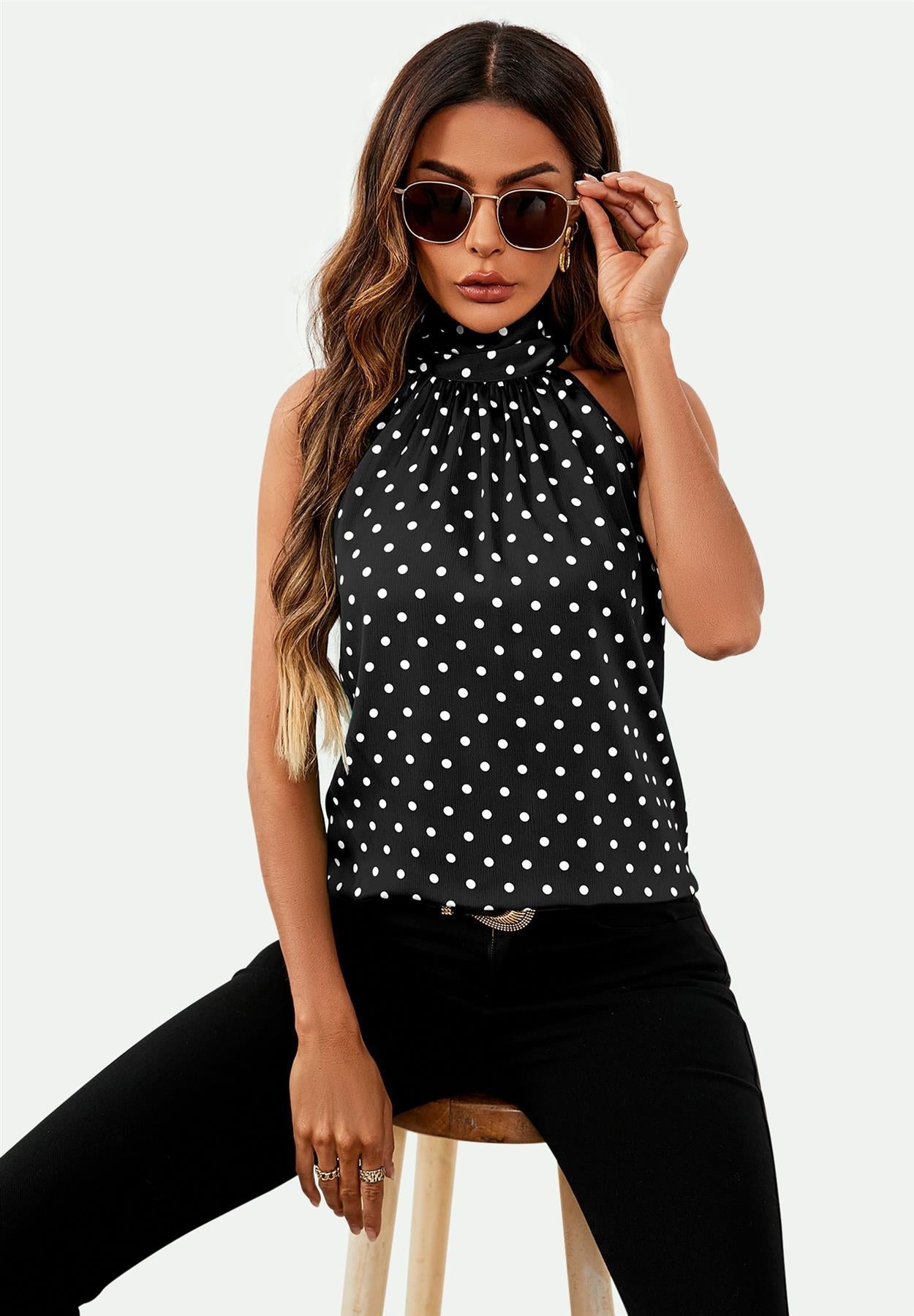 Polka Dot Print Halter Neck Tie Back Top In Black - AXON