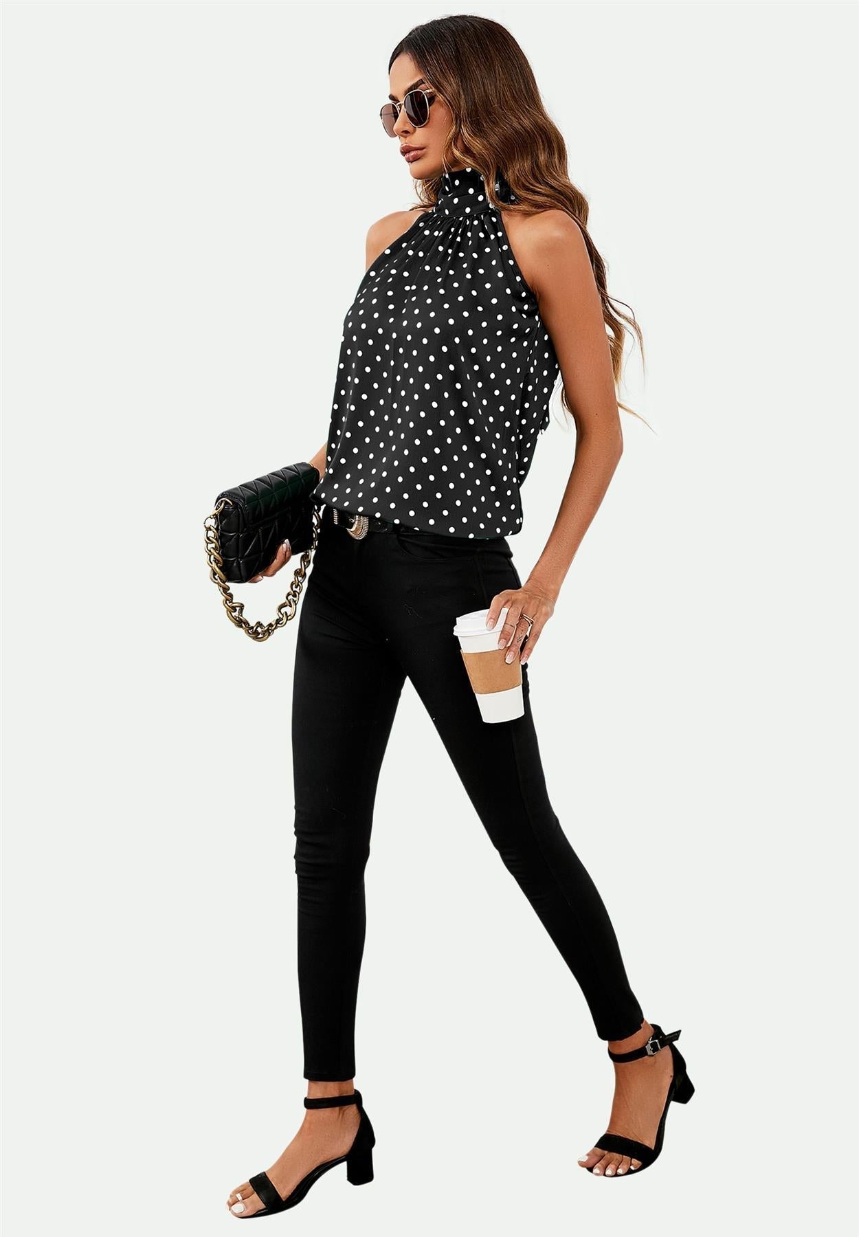 Polka Dot Print Halter Neck Tie Back Top In Black - AXON