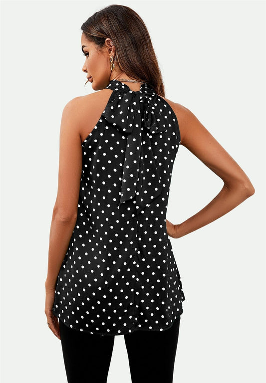 Polka Dot Print Halter Neck Tie Back Top In Black - AXON