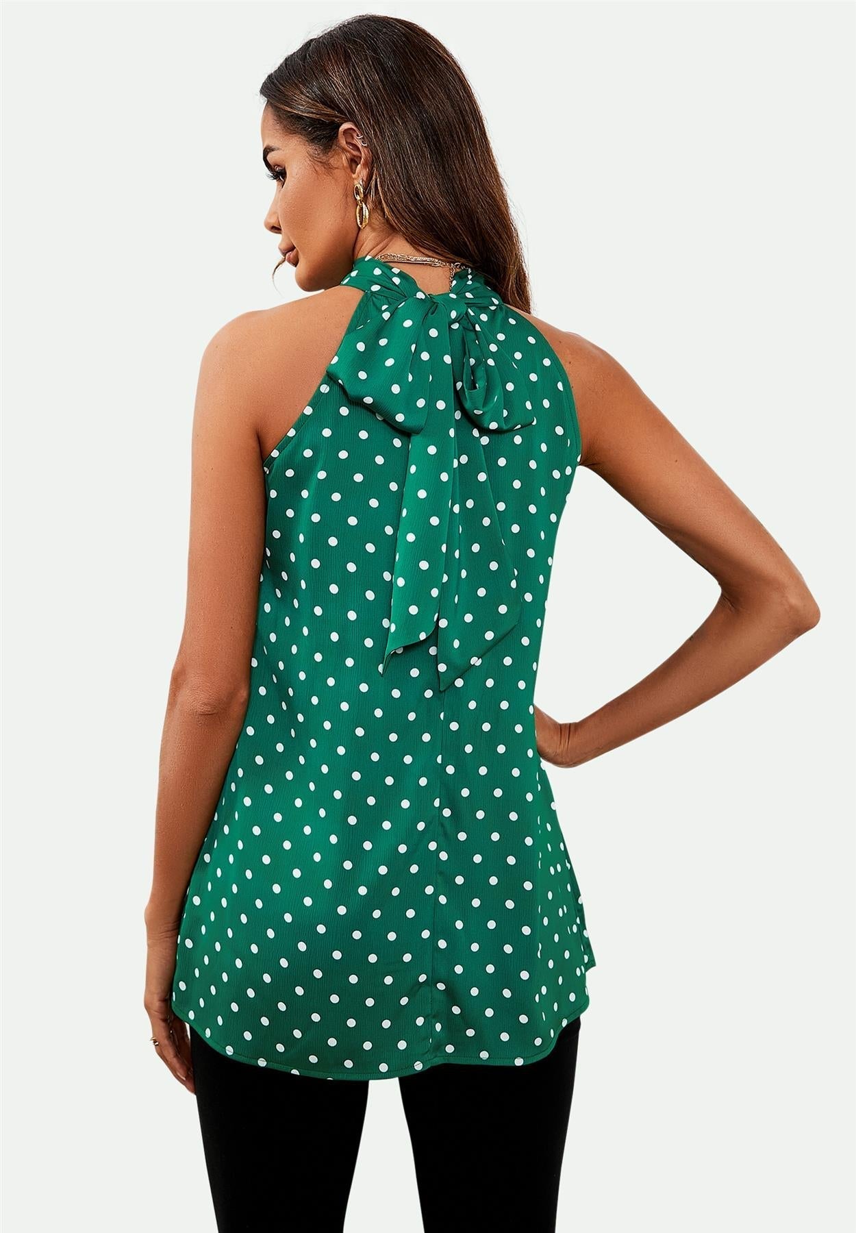 Polka Dot Print Halter Neck Tie Back Top In Green - AXON