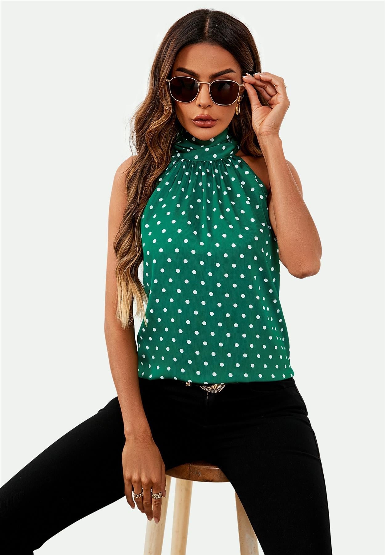 Polka Dot Print Halter Neck Tie Back Top In Green - AXON