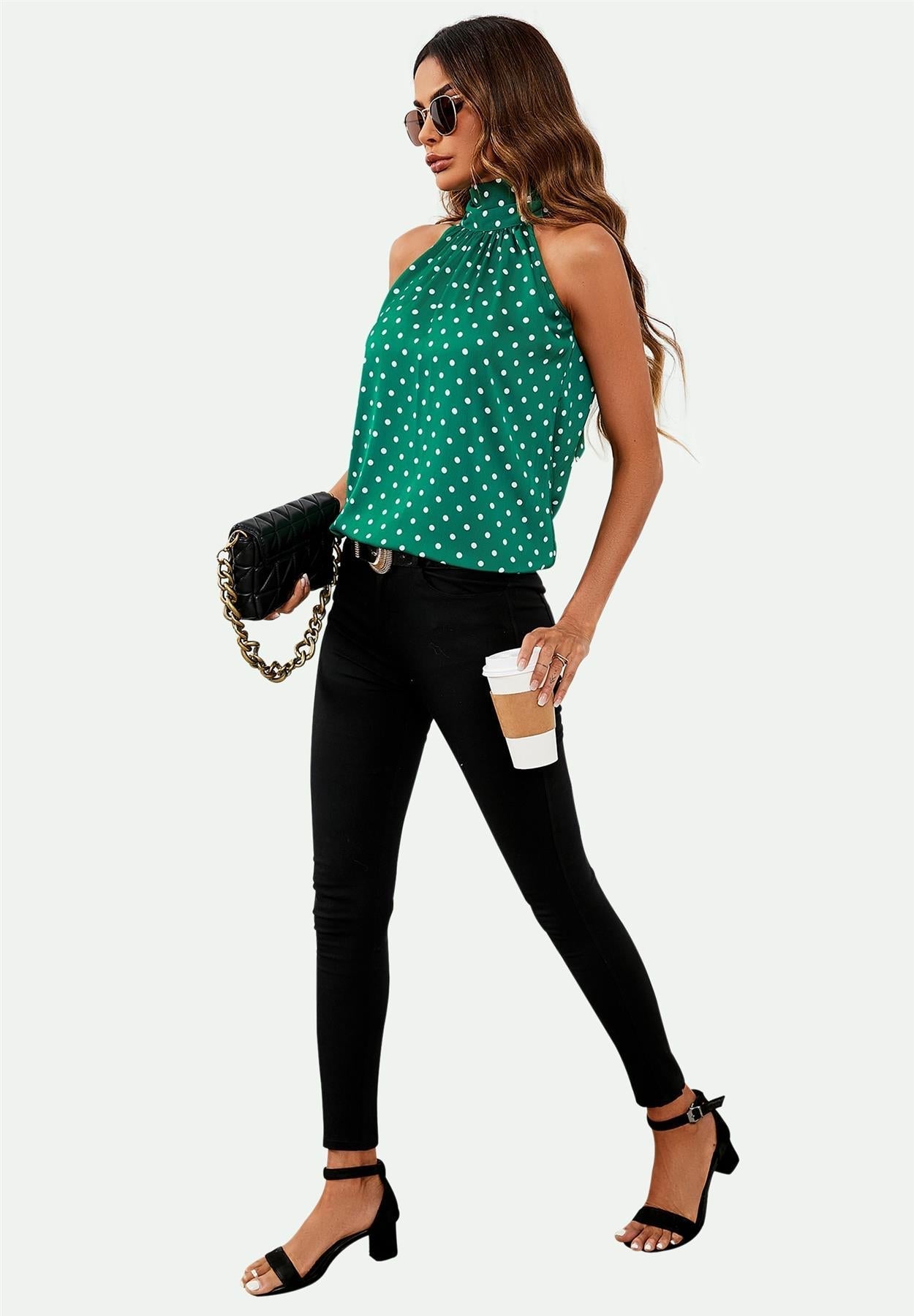 Polka Dot Print Halter Neck Tie Back Top In Green - AXON