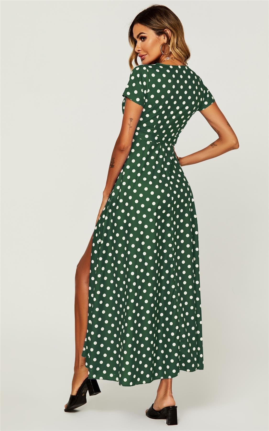 Polka Dot Print High Waist Wrap Dress In Green - AXON