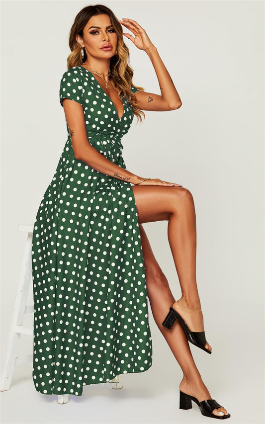 Polka Dot Print High Waist Wrap Dress In Green - AXON