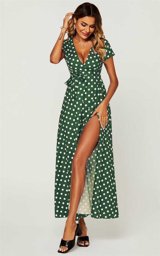 Polka Dot Print High Waist Wrap Dress In Green - AXON