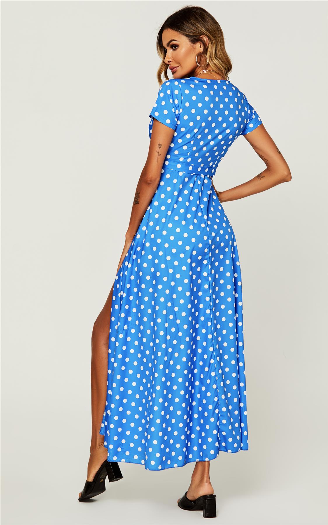 Polka Dot Print High Waist Wrap Dress In Royal Blue - AXON
