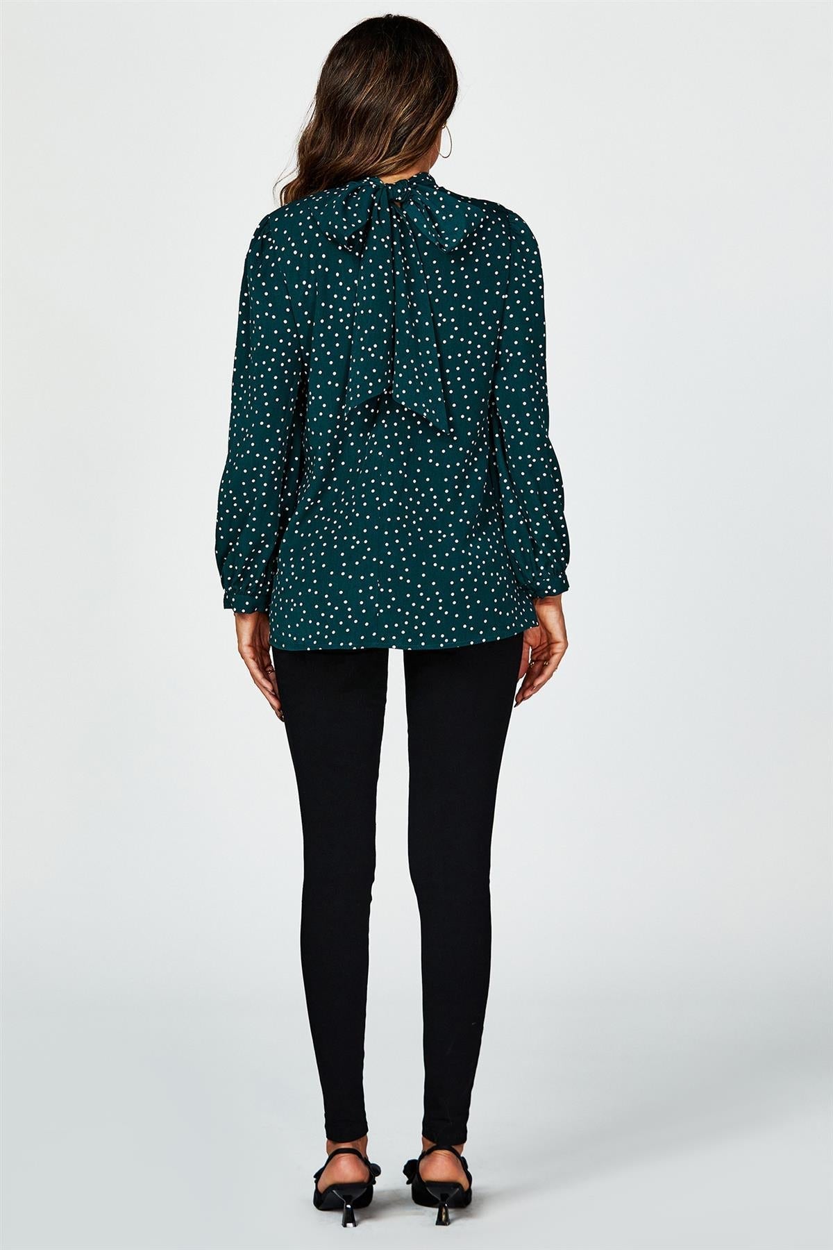 Polka Dot Print Long Sleeve Back Tie Blouse Top In Green - AXON