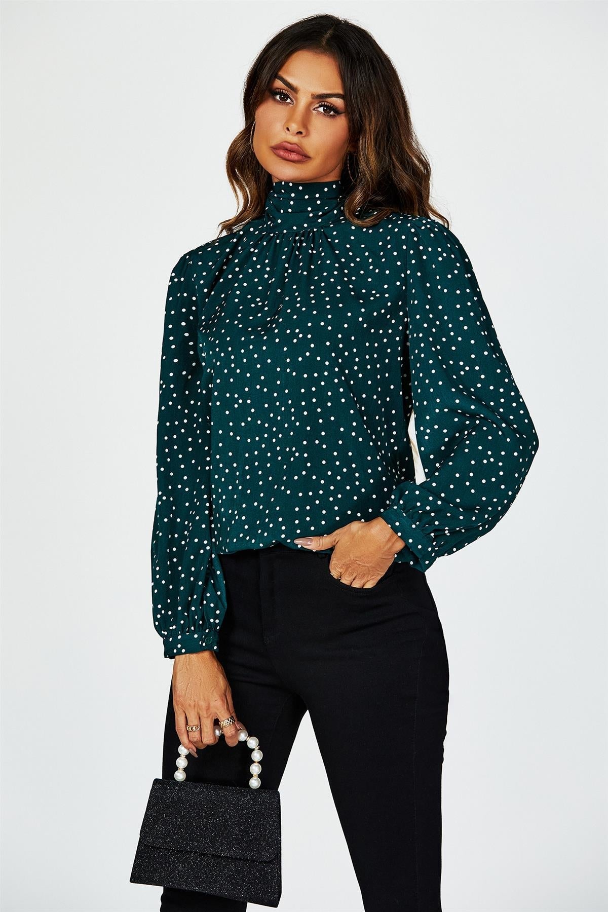Polka Dot Print Long Sleeve Back Tie Blouse Top In Green - AXON