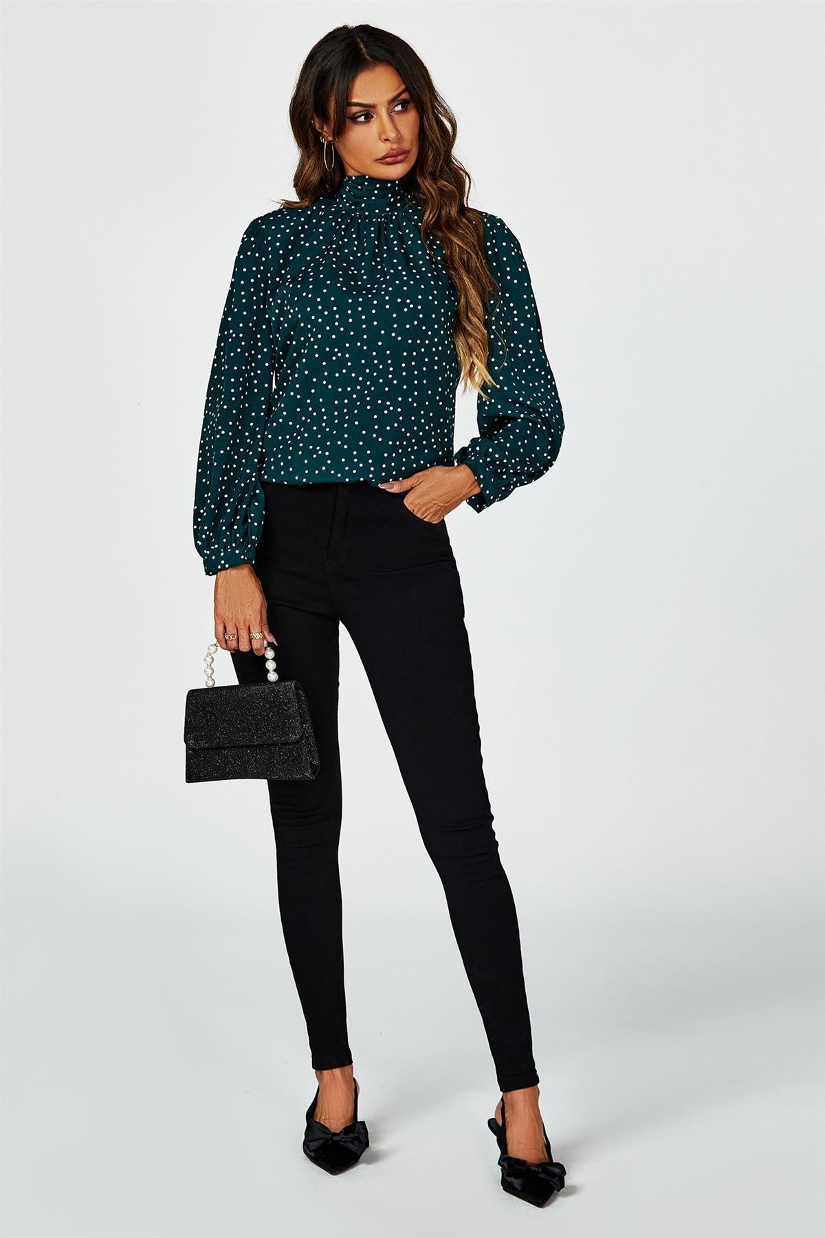 Polka Dot Print Long Sleeve Back Tie Blouse Top In Green - AXON