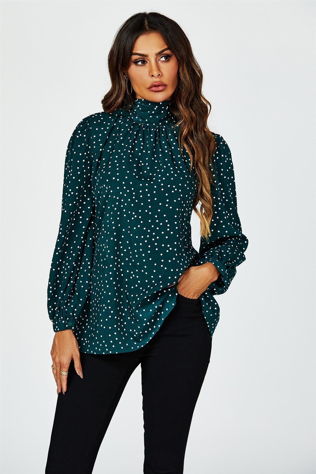 Polka Dot Print Long Sleeve Back Tie Blouse Top In Green - AXON