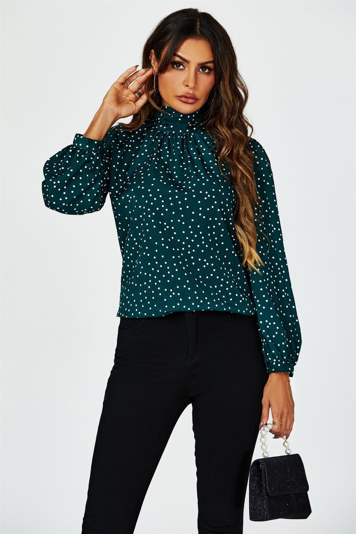 Polka Dot Print Long Sleeve Back Tie Blouse Top In Green - AXON