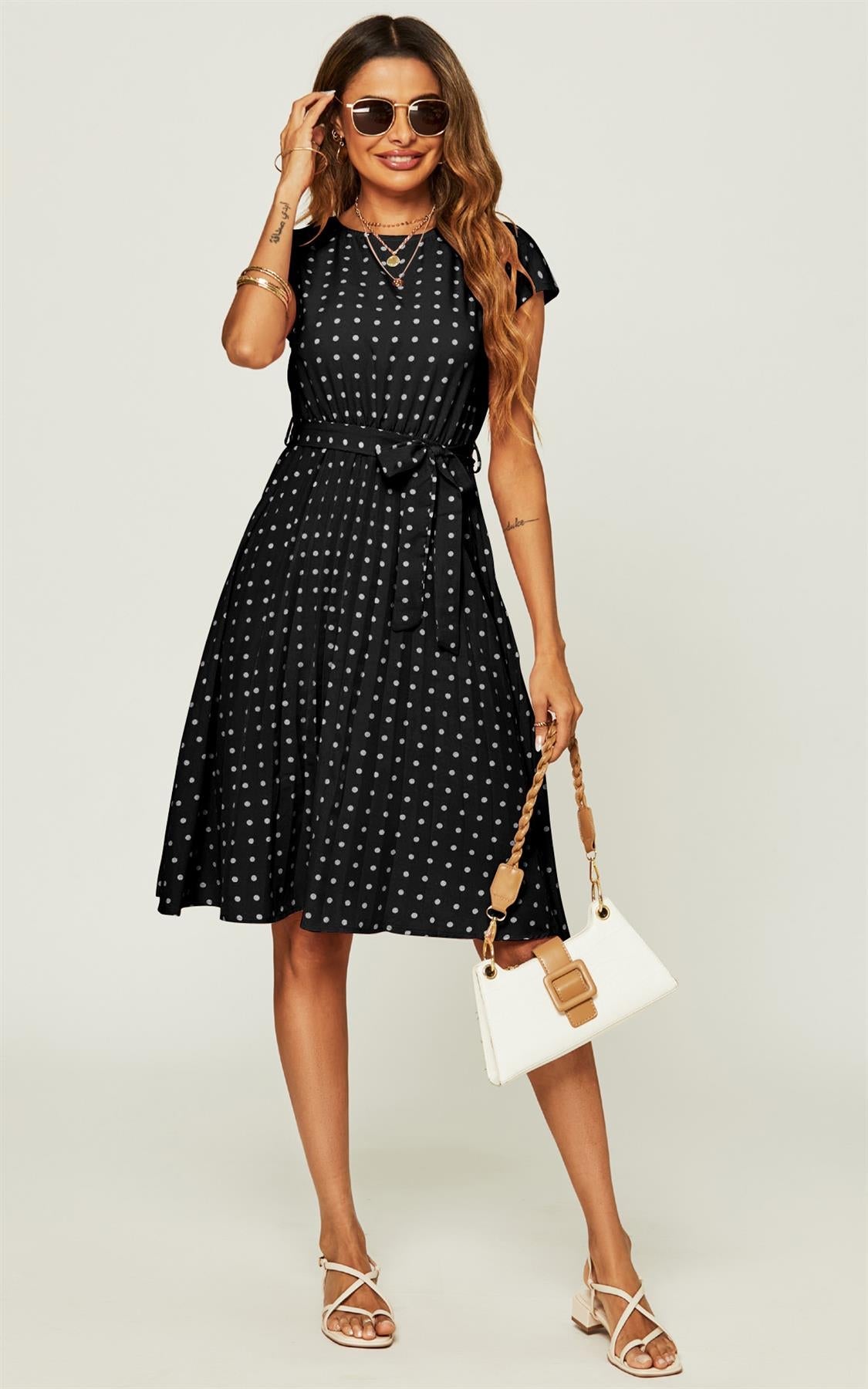 Polka Dot Sleeveless Pleated Midi Dress In Black - AXON