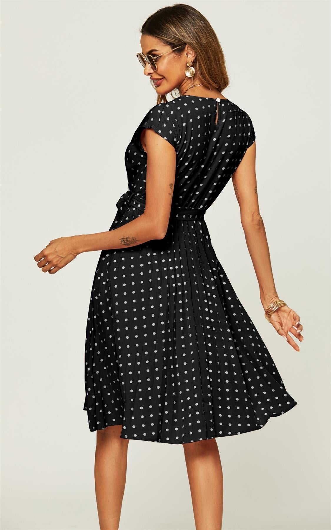 Polka Dot Sleeveless Pleated Midi Dress In Black - AXON