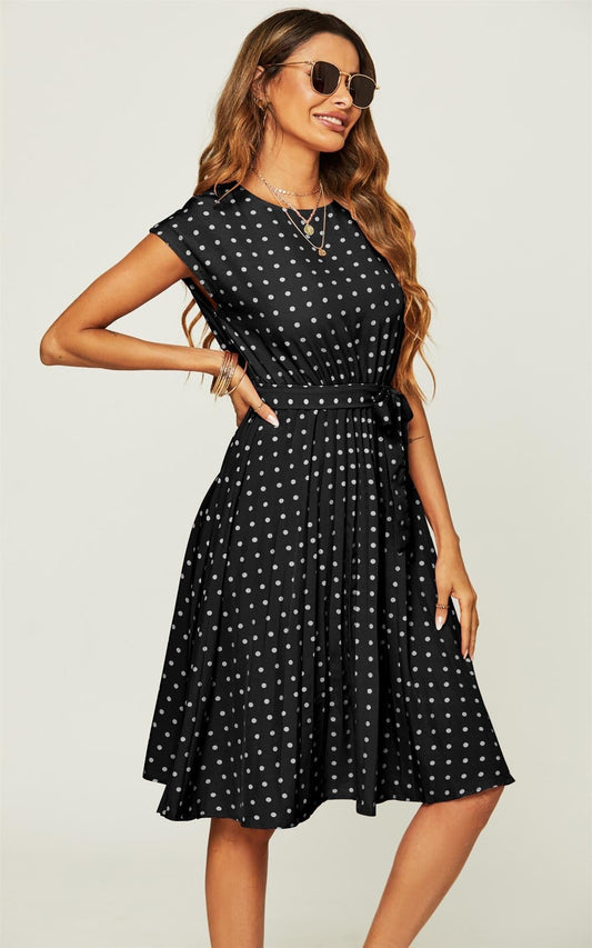Polka Dot Sleeveless Pleated Midi Dress In Black - AXON