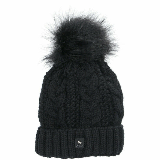 Premium Damen Wintermütze » gefütterte Strickmütze schwarz » Bommelmütze » Mütze » Beanie