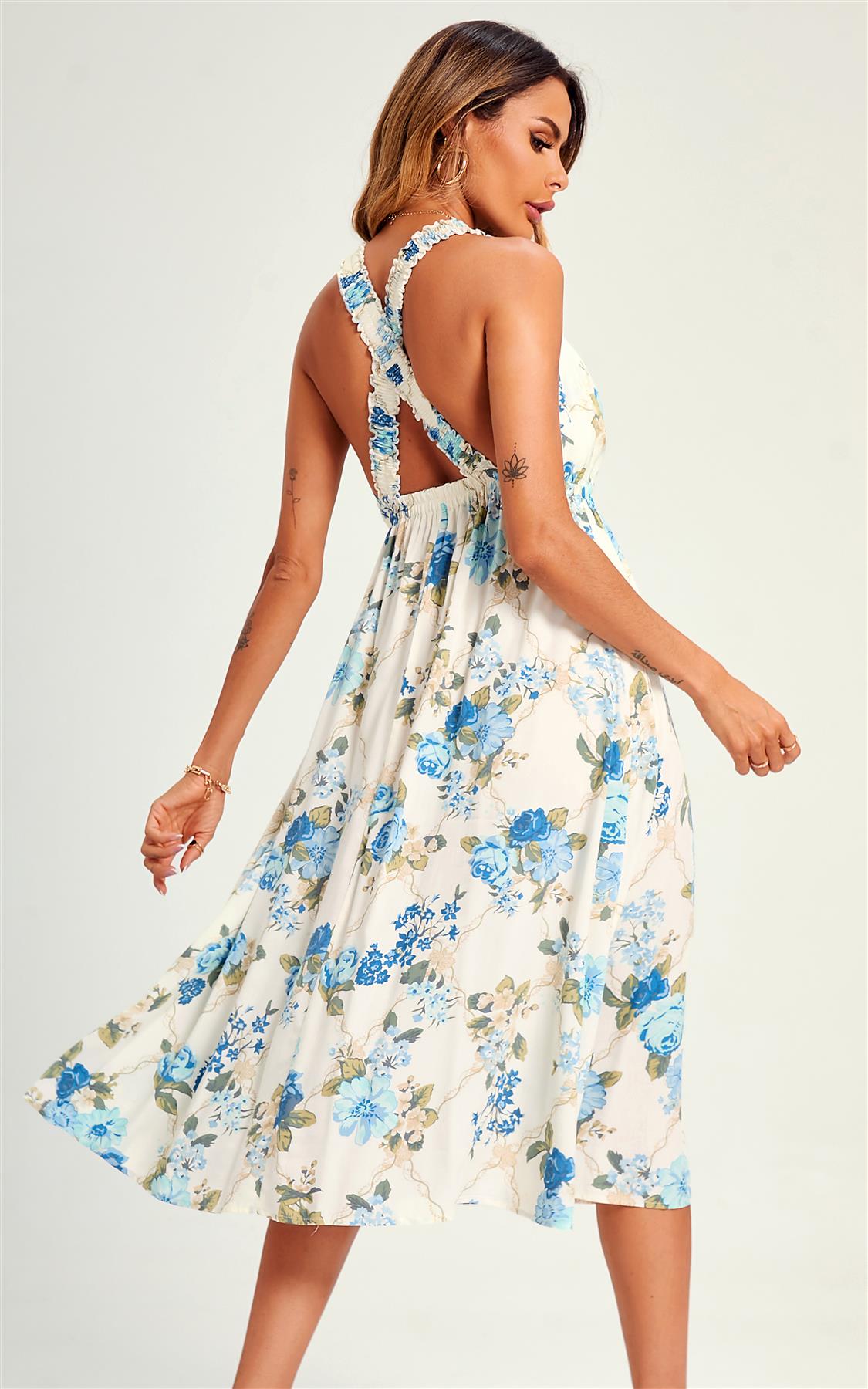 Pretty Flora Print Cross Back Midi Dress In White - AXON