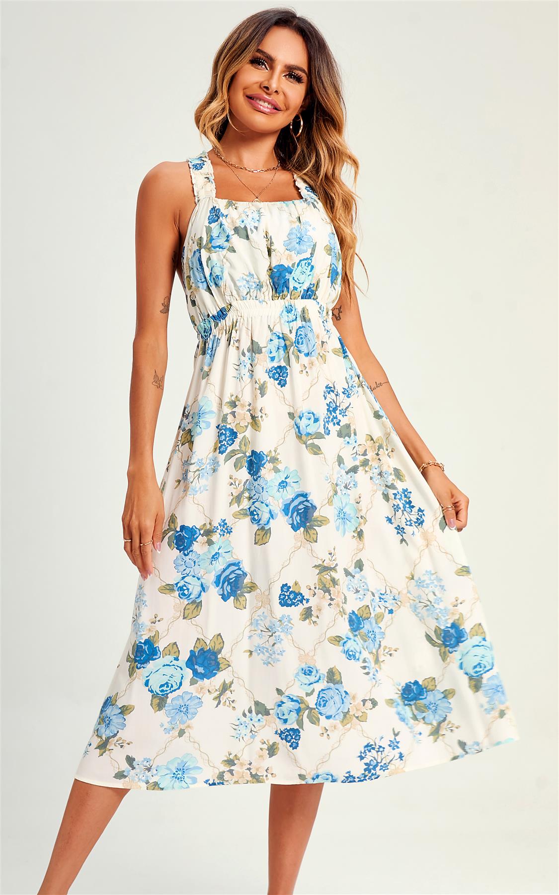 Pretty Flora Print Cross Back Midi Dress In White - AXON