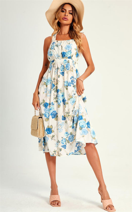 Pretty Flora Print Cross Back Midi Dress In White - AXON