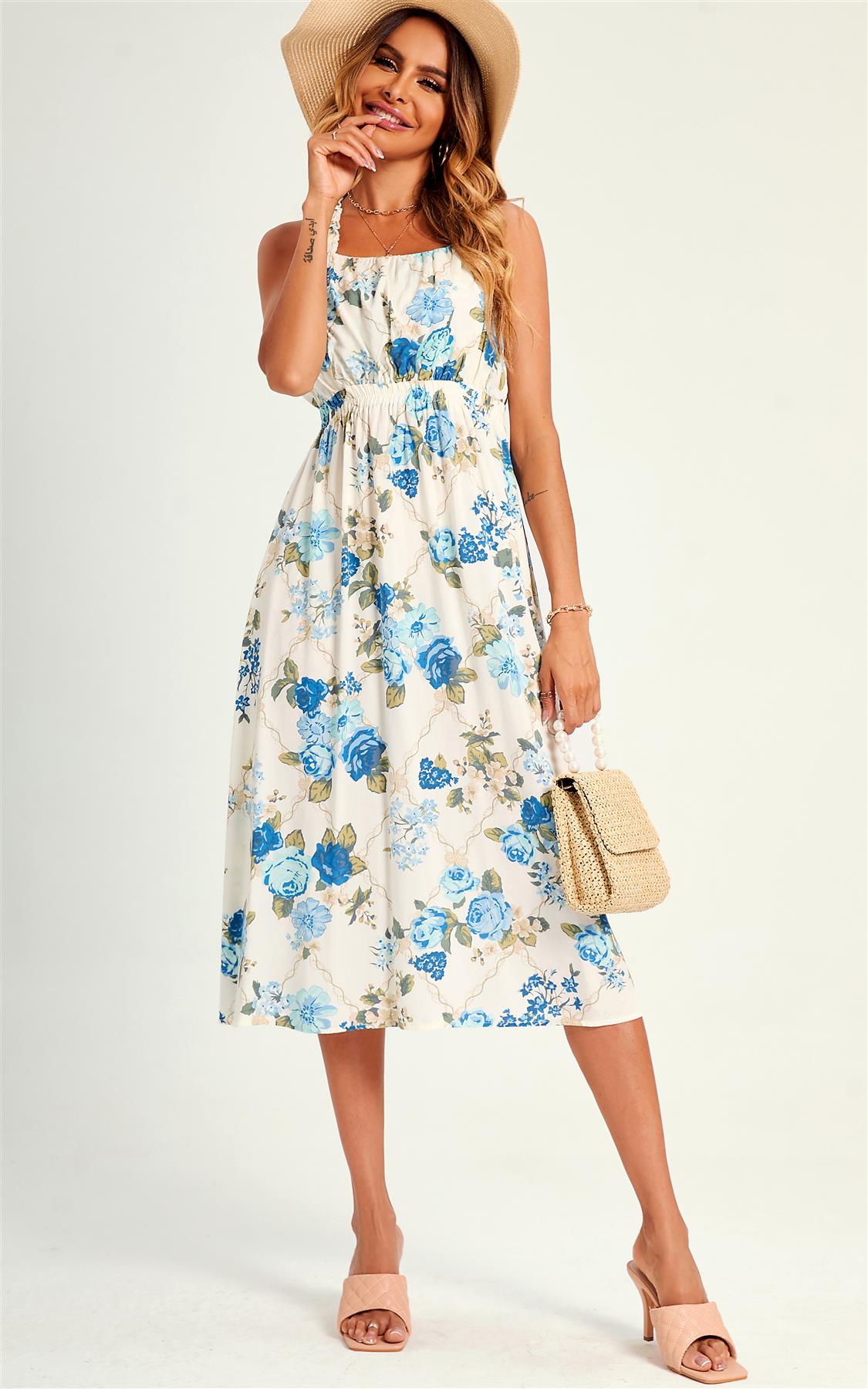 Pretty Flora Print Cross Back Midi Dress In White - AXON