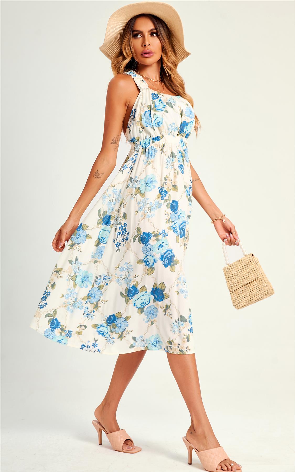 Pretty Flora Print Cross Back Midi Dress In White - AXON
