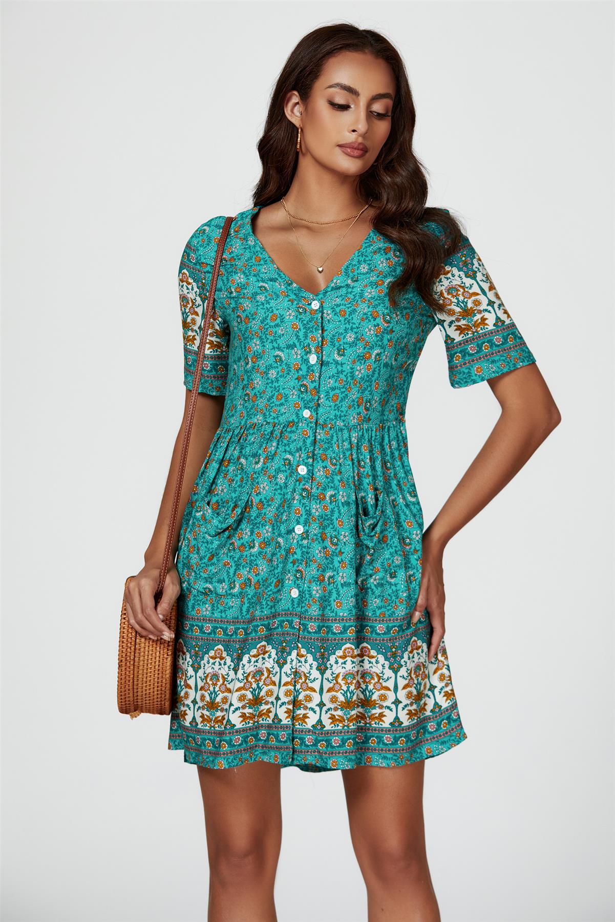 Print Boho Mini Dress In Green - AXON
