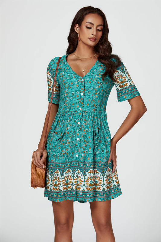 Print Boho Mini Dress In Green - AXON