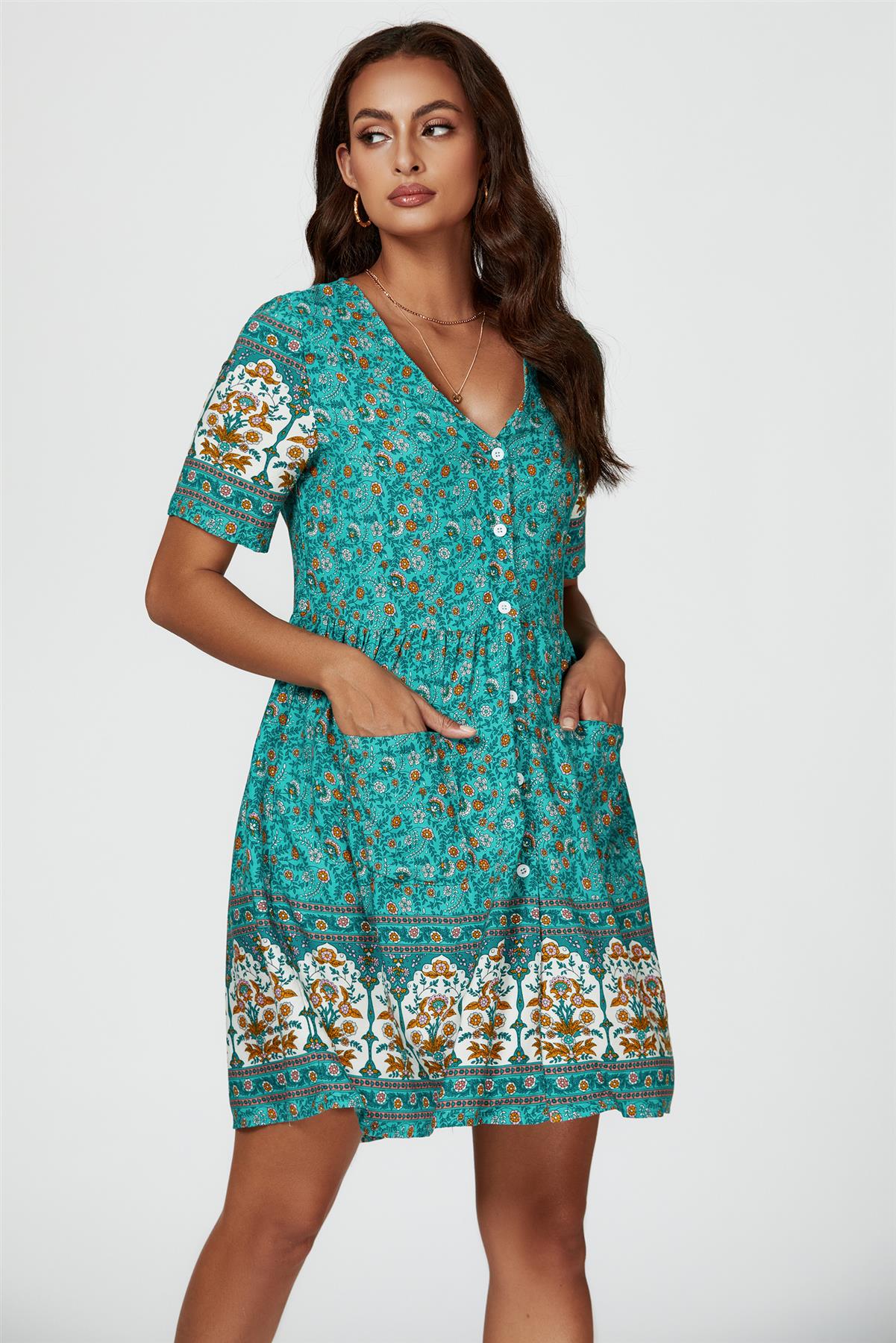 Print Boho Mini Dress In Green - AXON